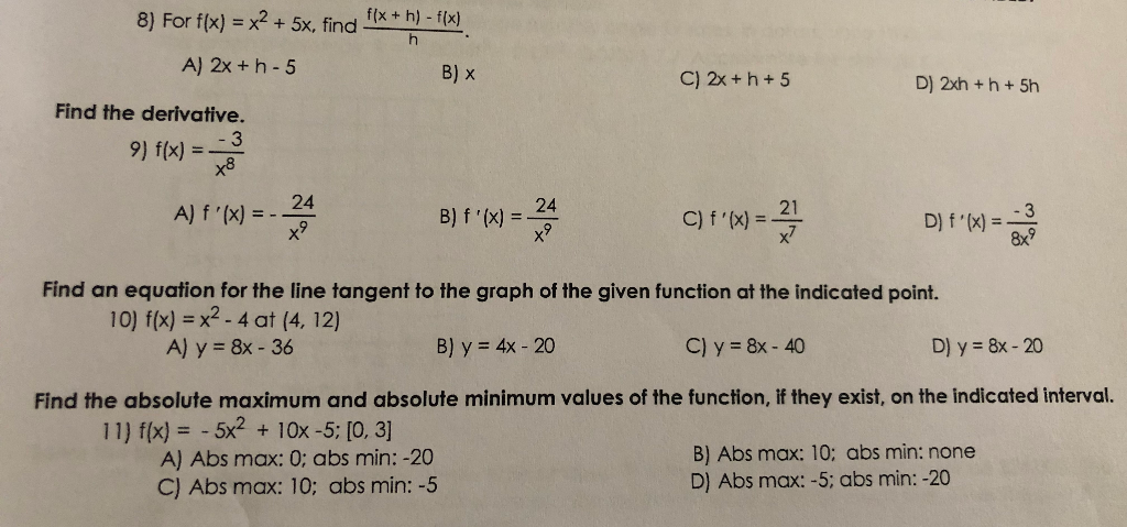 Solved 8 For F X X2 5x Find X H F X H A 2x H Chegg Com