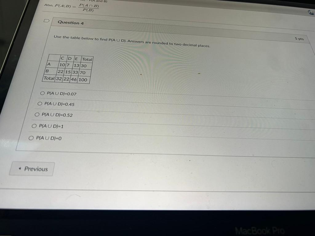 Solved Also, P(A/B) Question 4 Use The Table Below To Find | Chegg.com