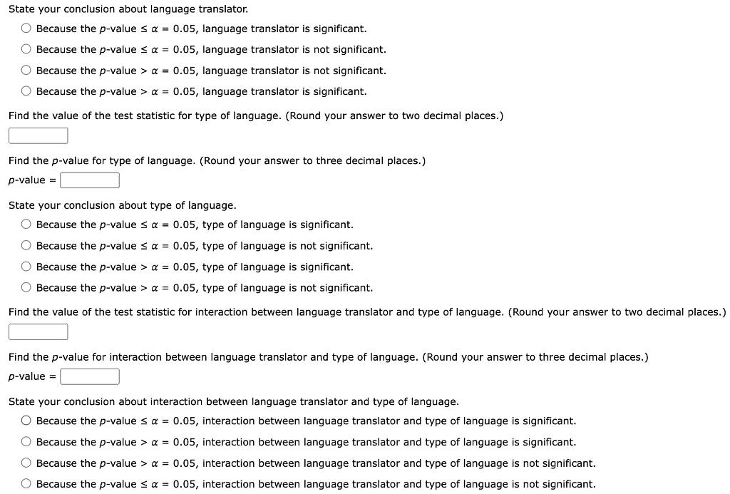 State your conclusion about language translator.
Because the \( p \)-value \( \leq \alpha=0.05 \), language translator is sig