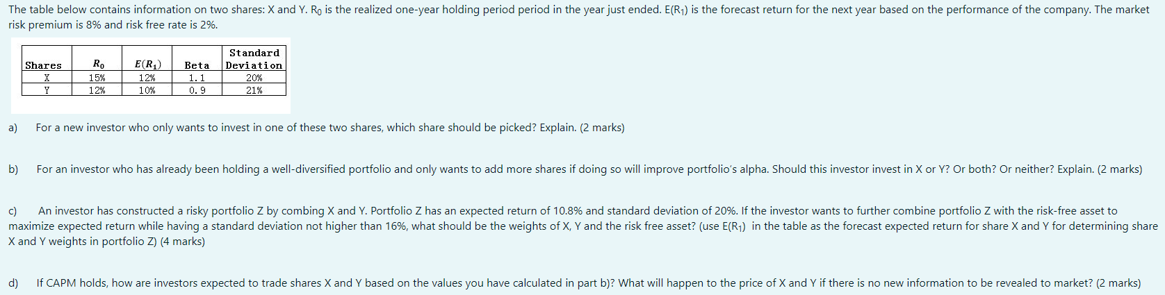 Solved The table below contains information on two shares: X | Chegg.com