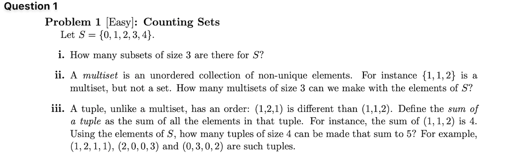 Solved Question 1 Problem 1 [Easy]: Counting Sets Let S = | Chegg.com