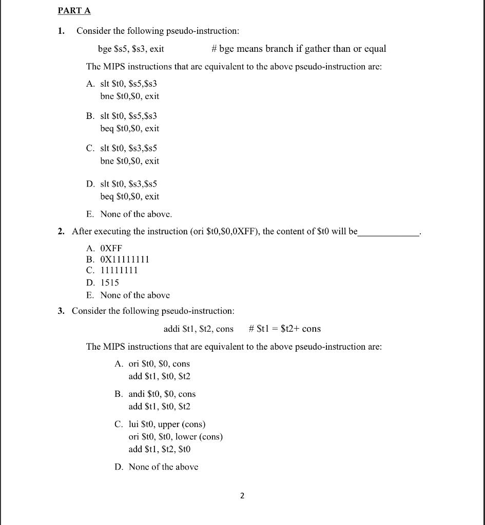 Solved PART A 1. Consider the following pseudo-instruction: | Chegg.com