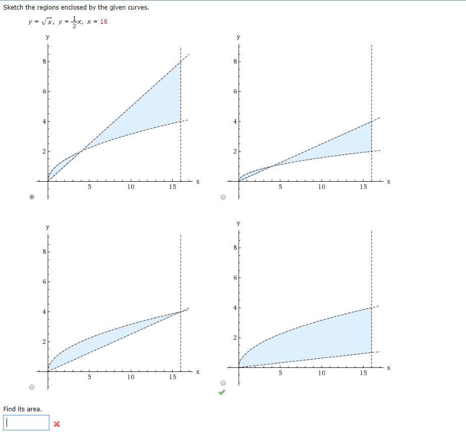 Solved Find the area between the curves: y = √ x, y = | Chegg.com