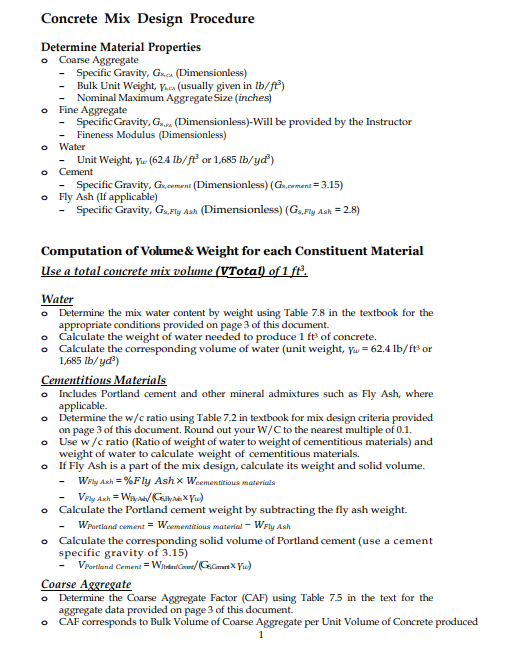 Concrete Mix Design Procedure Determine Material | Chegg.com