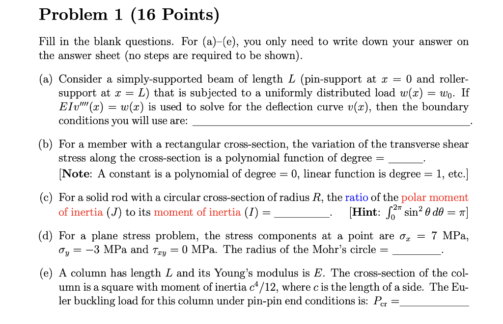 Solved Problem 1 16 Points Fill In The Blank Questions Chegg Com