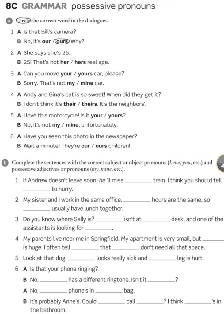 Solved 8C GRAMMAR possessive pronouns Circlothe correct word | Chegg.com