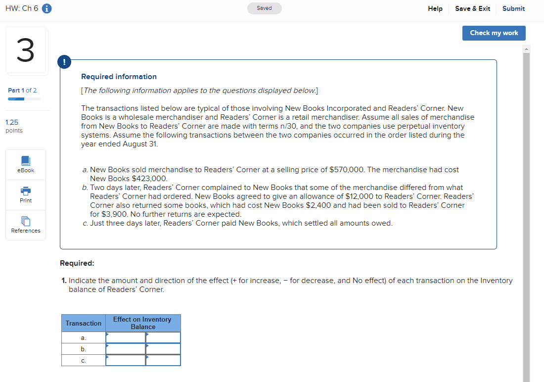 Solved HW: Ch 6 Saved Help Save & Exit Submit Check my work | Chegg.com