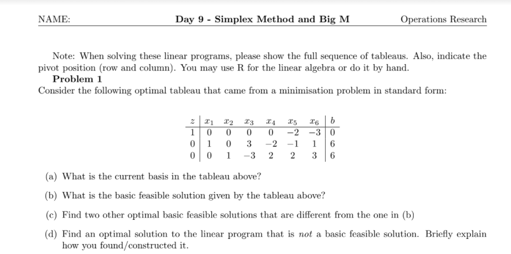 Solved NAME: Day 9 - Simplex Method and Big M Operations | Chegg.com