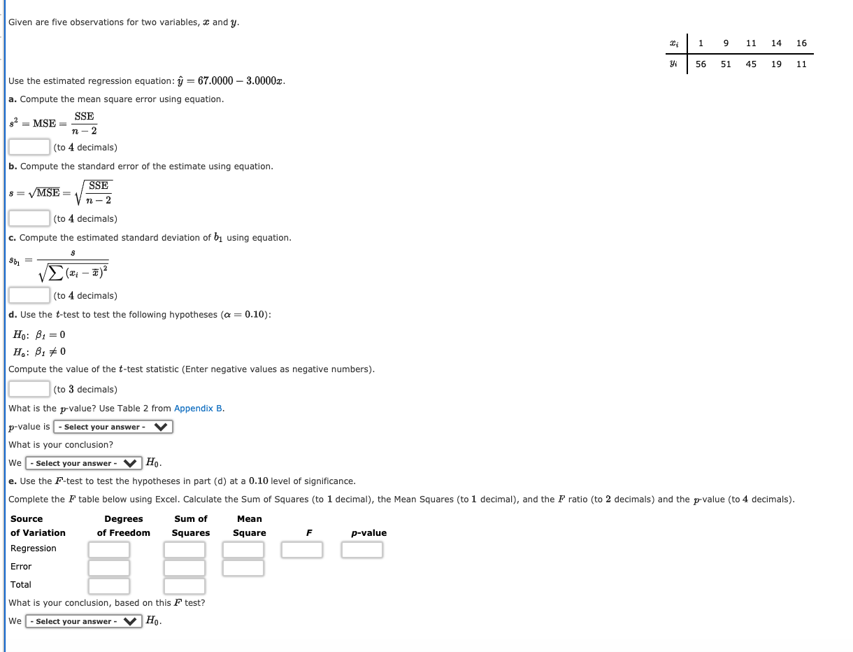 Solved Given are five observations for two variables, I and  
