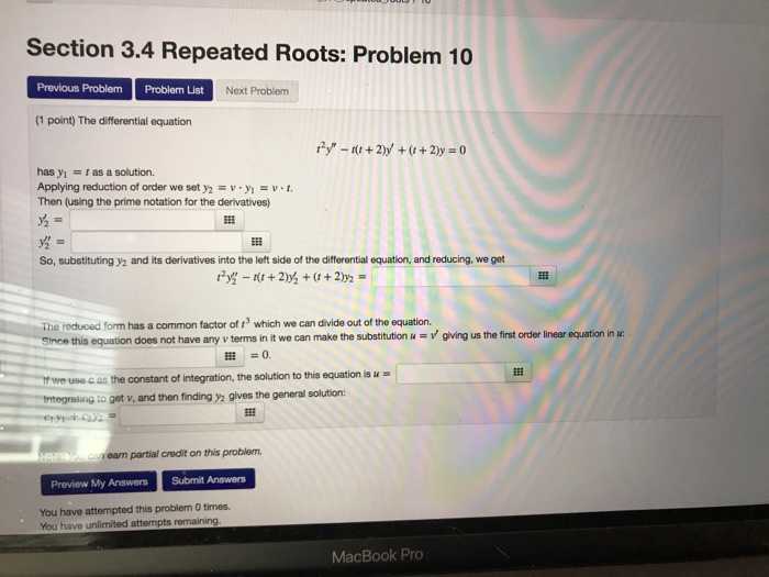 Solved Section 3.4 Repeated Roots: Problem 10 Previous | Chegg.com