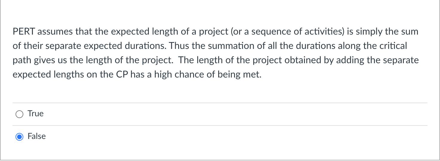 Solved PERT assumes that the expected length of a project | Chegg.com