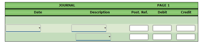 \begin{tabular}{|cccc|}
\hline & JOURNAL & PAGE 1 \\
\hline Date & Description & Post. Ref. & Debit \\
\hline
\end{tabular}