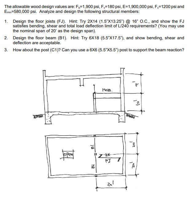 The allowable wood design values are Fo=1,900 psi,