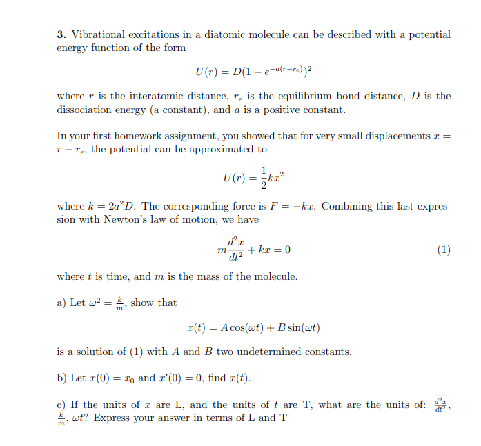 Solved 3. Vibrational excitations in a diatomic molecule can | Chegg.com
