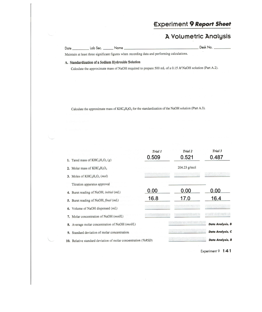 Solved Experiment 9 Report Sheet 9 A Volumetric Analysis Chegg Com