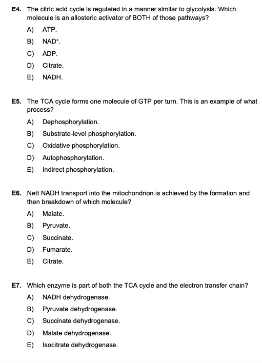 Solved E4. The citric acid cycle is regulated in a manner | Chegg.com