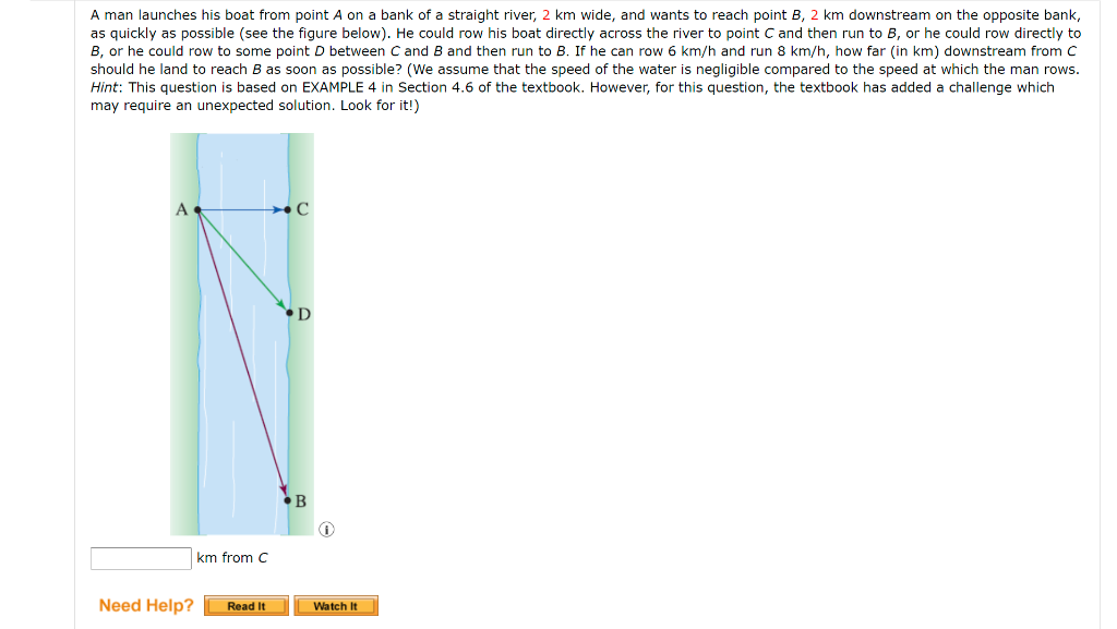 Solved A Man Launches His Boat From Point A On A Bank Of A | Chegg.com