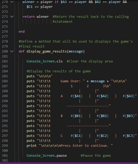 winner = player if $A3 == player && $B2 == player && $C1 == player return winner #Return the result back to the calling #stat