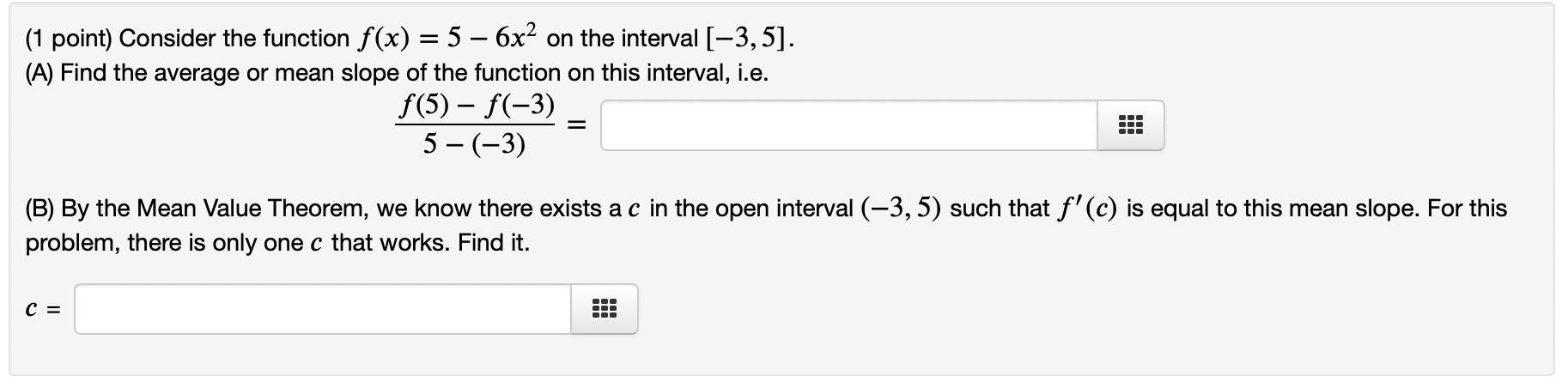 Solved ( 1 point) Consider the function f(x)=5−6x2 on the | Chegg.com