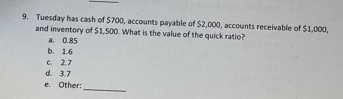 Solved 9. Tuesday has cash of $700, accounts payable of | Chegg.com