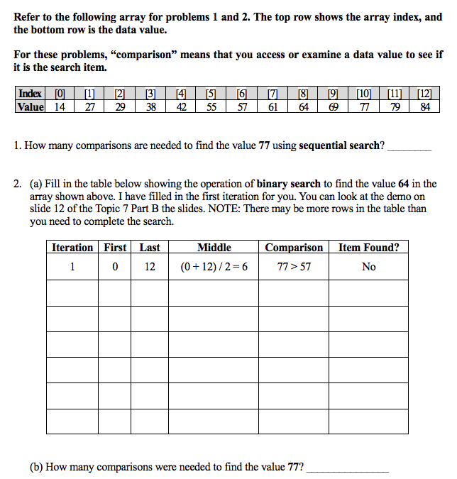 Refer to the following array for problems 1 and 2. The top row shows the array index, and the bottom row is the data value. F