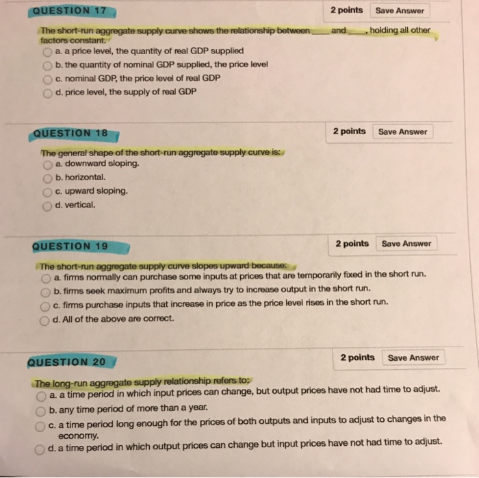 Solved QUEST 2 points Save Answer As the price level | Chegg.com