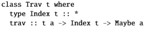 class Trav t where type Index t :: * trav :: ta -> Index t -> Maybe a