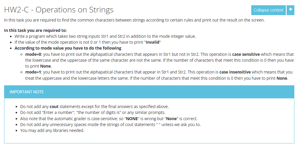 Solved HW2-C - Operations on Strings Collapse context In | Chegg.com
