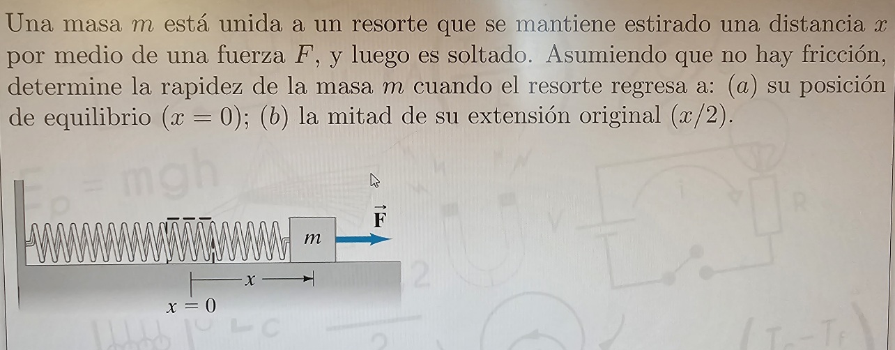 Una masa \( m \) está unida a un resorte que se mantiene estirado una distancia \( x \) por medio de una fuerza \( F \), y lu