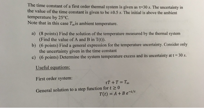 Solved He Time Constant Of A First Order Thermal System Is 