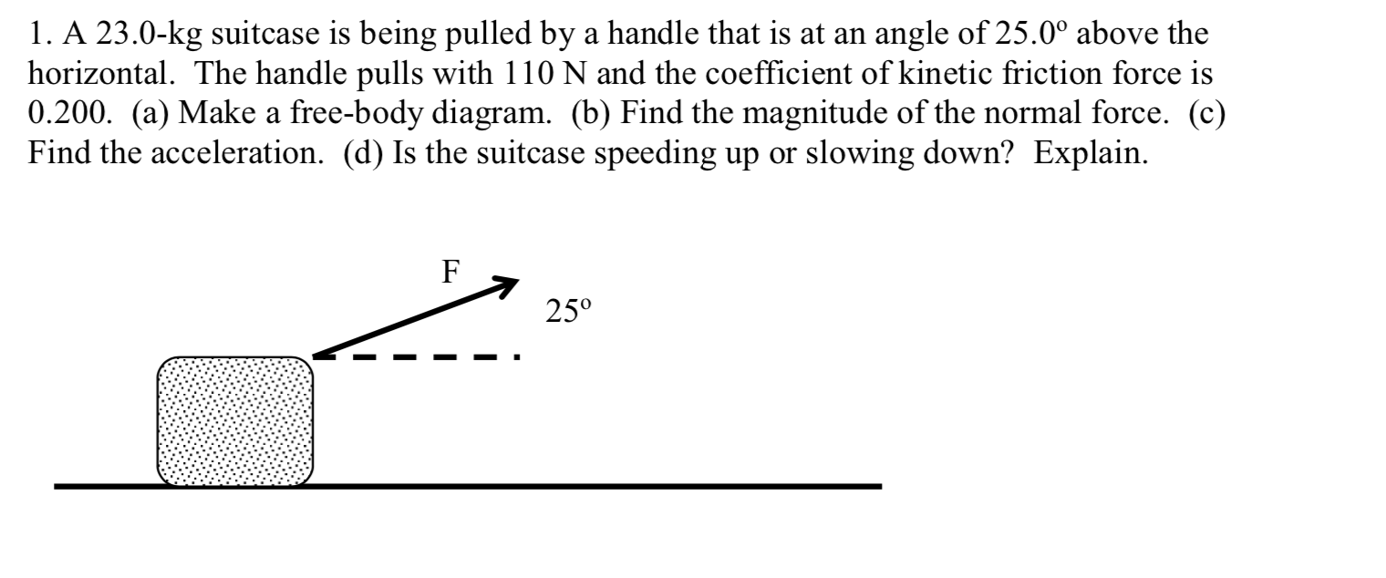 Solved 1. A 23.0-kg suitcase is being pulled by a handle | Chegg.com