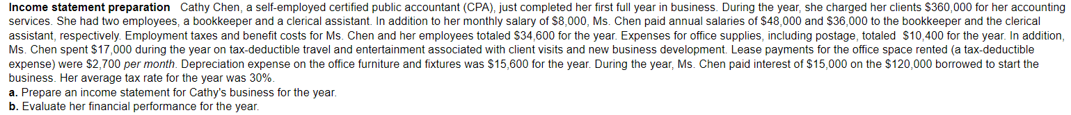 Solved Income statement preparation Cathy Chen, a | Chegg.com