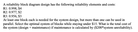 Solved A reliability block diagram design has the following | Chegg.com