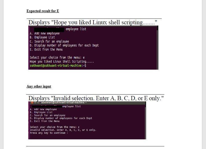 Expected result for e t! displays hope you liked linux shell scripting.... employee list a. add new employee b. employee lis