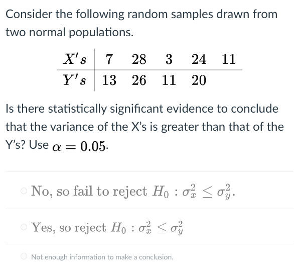 Solved Consider the following random samples drawn from two | Chegg.com