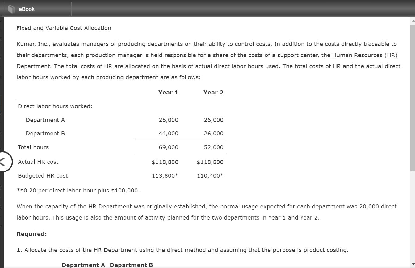 Solved eBook Fixed and Variable Cost Allocation Kumar, Inc.,