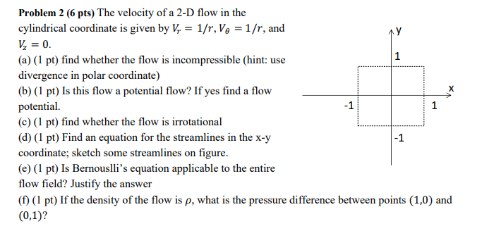 Solved Problem 2 (6 pts) The velocity of a 2-D flow in the | Chegg.com