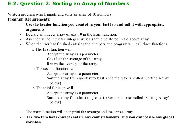 Solved E.2. Question 2: Sorting an Array of Numbers Write a | Chegg.com