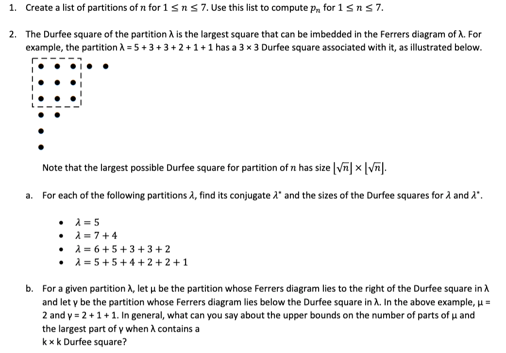 1. Create a list of partitions of n for 1