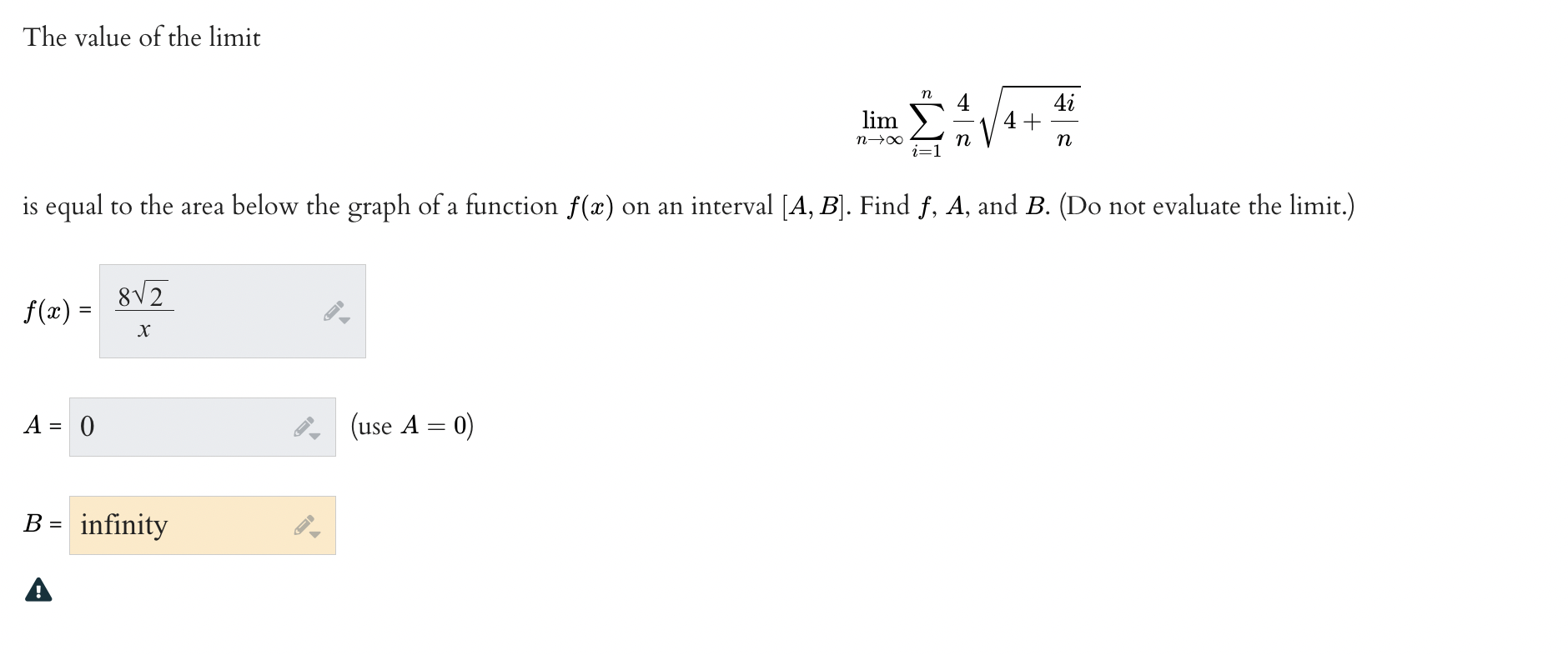 The value of the limit
\[
\lim _{n \rightarrow \infty} \sum_{i=1}^{n} \frac{4}{n} \sqrt{4+\frac{4 i}{n}}
\]
is equal to the a