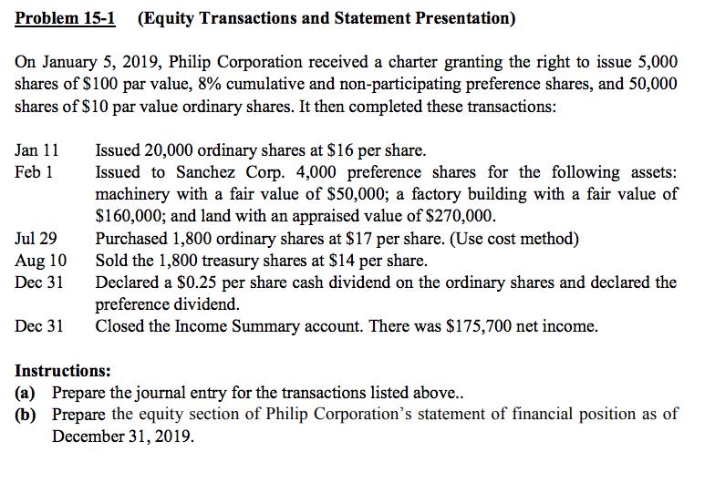 Solved Problem 15-1 (Equity Transactions and Statement | Chegg.com