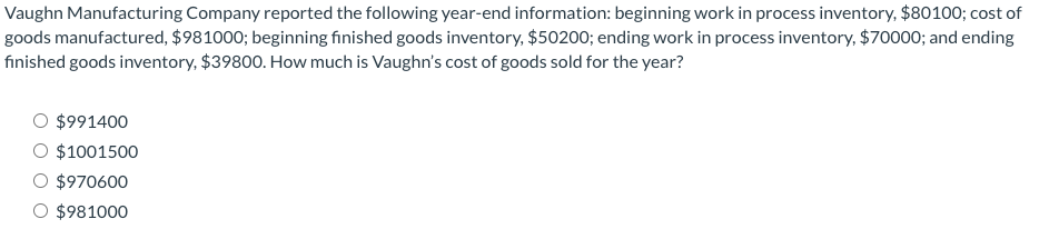 Solved Vaughn Manufacturing Company reported the following | Chegg.com