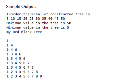 :
Sample Output:
Inorder traversal of constructed tree is :
5 10 15 20 25 30 35 40 45 50
Maximum value in the tree is 50
Mini