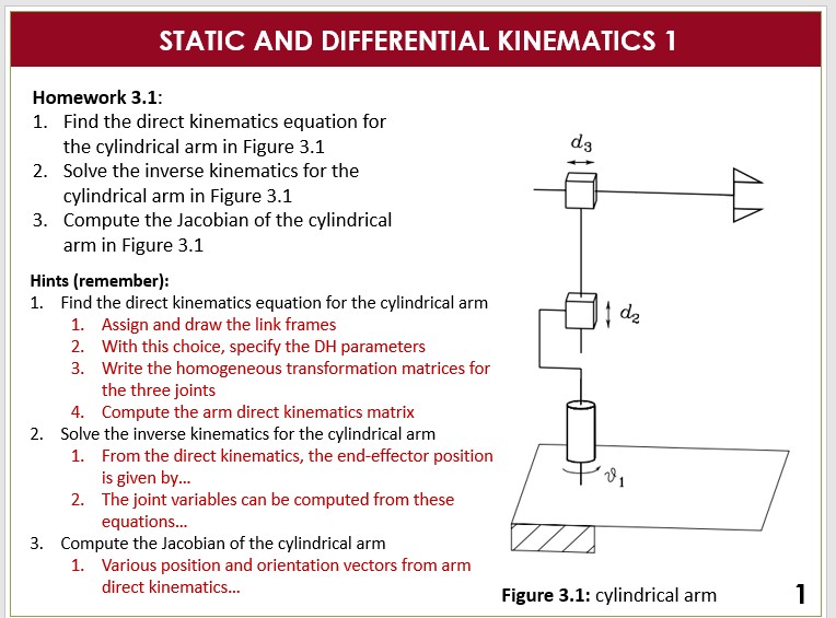 Solved STATIC AND DIFFERENTIAL KINEMATICS 1 Homework 3.1 1.