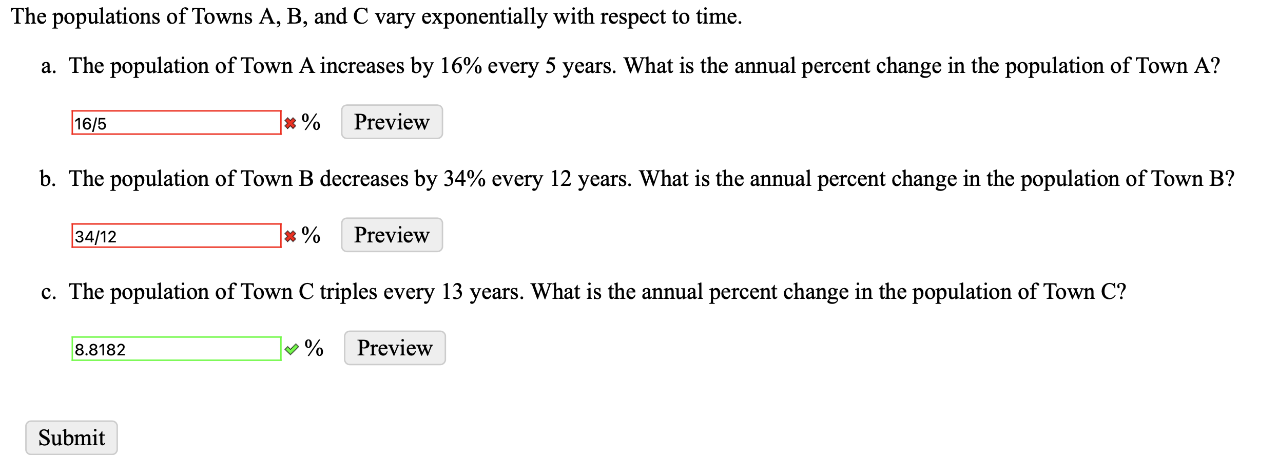Solved The populations of Towns A, B, and C vary