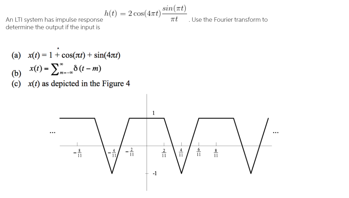 Solved sin(at) h(t) = 2 cos(4nt) An LTI system has impulse | Chegg.com