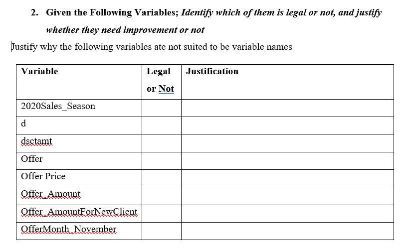 Solved 2. Given the Following Variables; Identify which of | Chegg.com