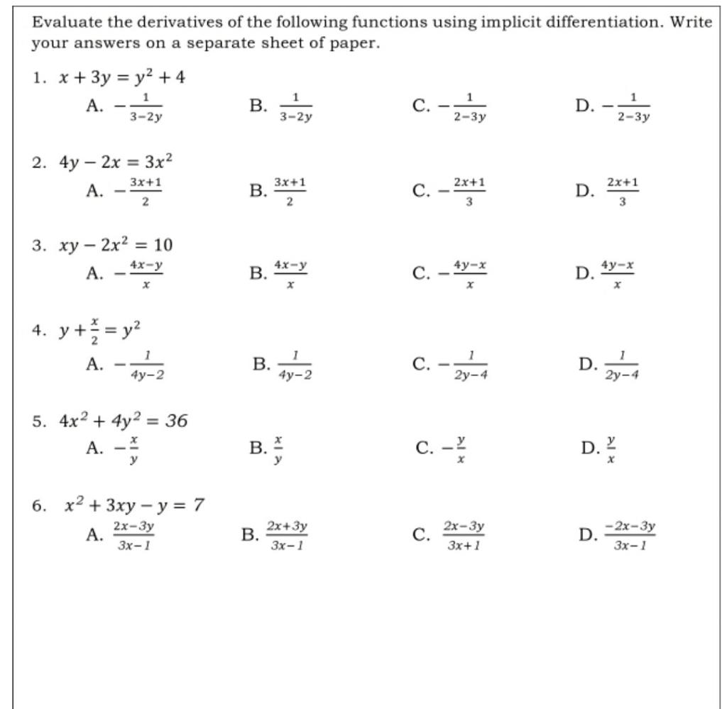 Solved Evaluate The Derivatives Of The Following Functions 6046