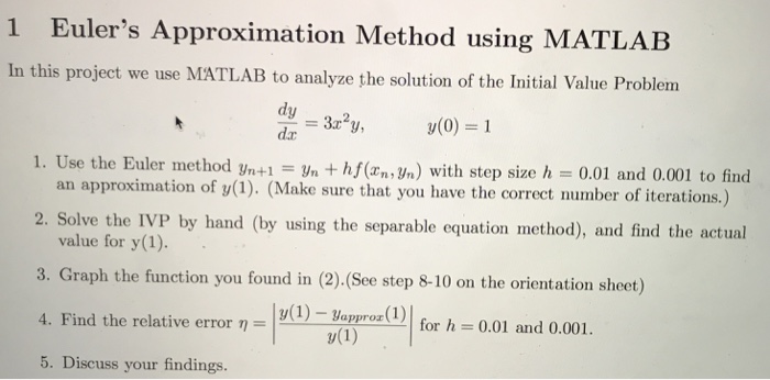 Solved 1 Euler's Approximation Method using MATLAB In this | Chegg.com