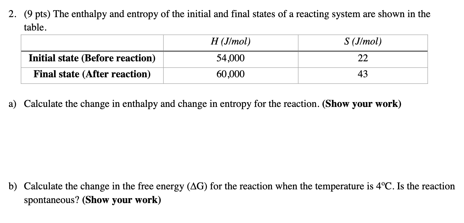 Solved 2. (9 pts) The enthalpy and entropy of the initial | Chegg.com